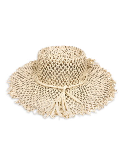 Women Laundry by Shelli Segal Openwork Raffia Fringe Straw Boater Sun Beach Hat in Almond